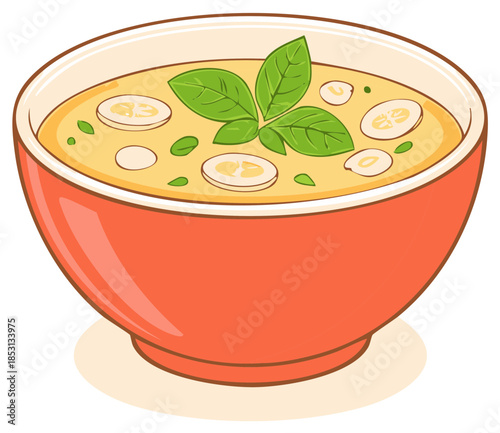 Cartoon Bowl of Creamy Yellow Soup Garnished with Green Basil Leaves and Sliced Vegetables
