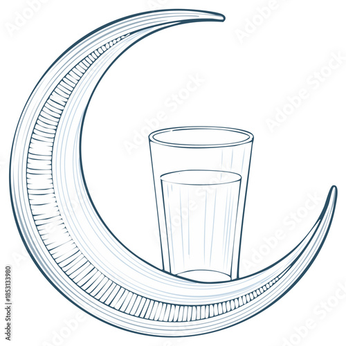 Stylized crescent moon with intricate patterns and glass of water, perfect for Iftar or fasting concepts.
