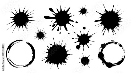 Abstract vector of black ink splatters and circular brush strokes on white background