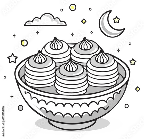 Stylized Bowl of Layered Treats With Moon, Cloud, and Stars Overhead Festive Dessert