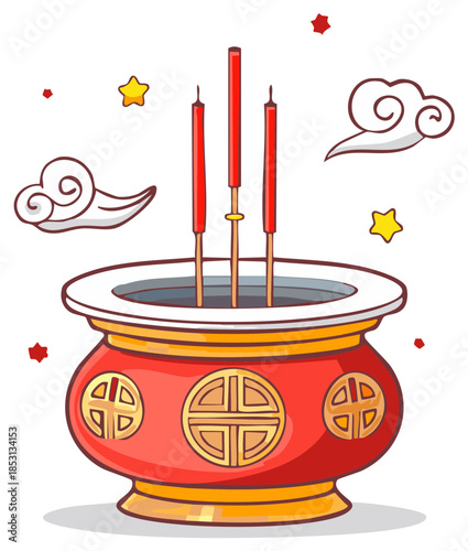 Traditional red incense burner with burning sticks and auspicious cloud designs for ceremonial blessings