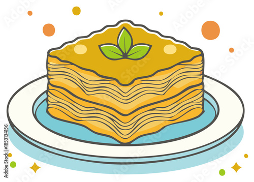 Slice of sweet layered cake or pastry with golden topping and green leaf garnish on a plate, food illustration.