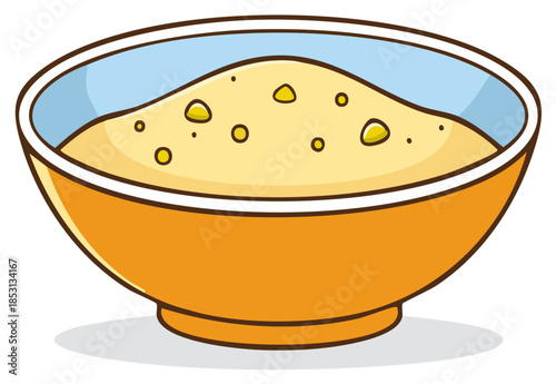 Cartoon illustration of a yellow bowl filled with soup or porridge with toppings