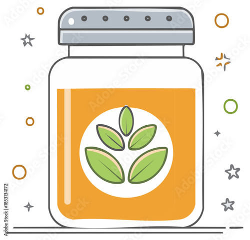 Glass jar with leaves emblem for food product organic homemade canning preservations isolated vector illustration