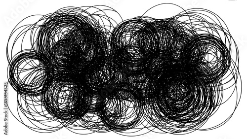 Abstract black circular scribble vector — dense tangled loop doodle on white background