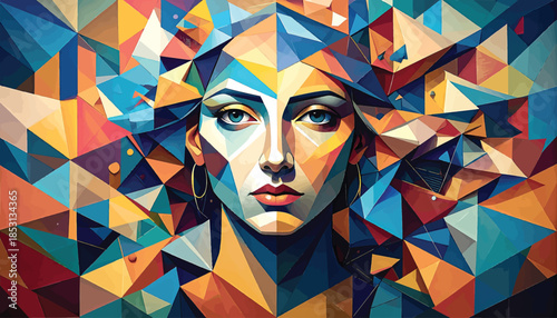 Abstract Geometric Portrait of a Woman with Vibrant, Colorful Facets and Sharp Angles
