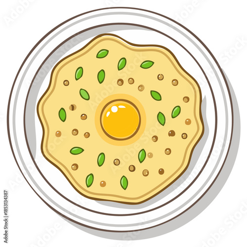 Stylized illustration of a cooked omelette with a sunny side up egg yolk and green herb garnish on a white plate