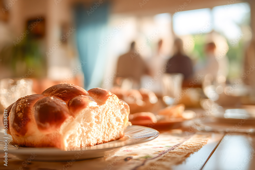 Fototapeta premium A warm, sunlit table scene featuring a freshly baked braided bread on a plate, with people softly blurred in the background, creating a cozy and inviting family atmosphere.