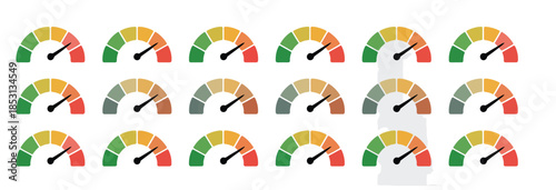 speed dial, gauge, and rating meter icon set in vector style, showing measurement scales and levels for professional, technical, and business graphic applications.