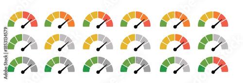 Scale meter and gauge vector illustration collection, including speedometers, level indicators, and rating dials, ideal for dashboards, performance tracking, and infographic design.
