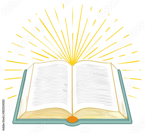 Illuminated open book radiating knowledge and wisdom depicting learning spiritual awakening and discovery