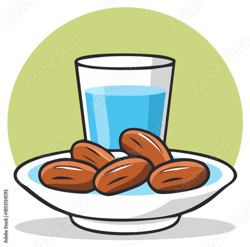 Stylized Illustration of Dates and Water, Refreshment Plate, Middle Eastern or Islamic Ramadan Food Culture