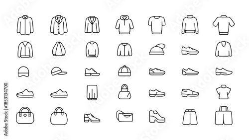 Line icons set of apparel and accessories: jackets, shirts, hats, shoes and bags (outline vector icons)