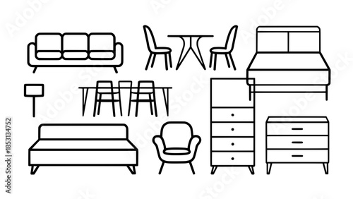 Minimalist line icons set: sofa, bed, dining table with chairs, dresser, lamp and more furniture (vector outline)