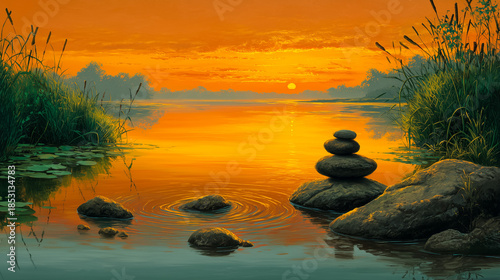 Vibrant Sunset Over Calm Water with Zen Stones