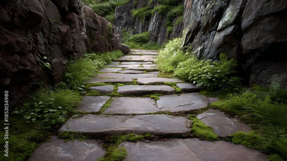 Obraz premium A serene stone pathway winds through a rocky moss covered gorge