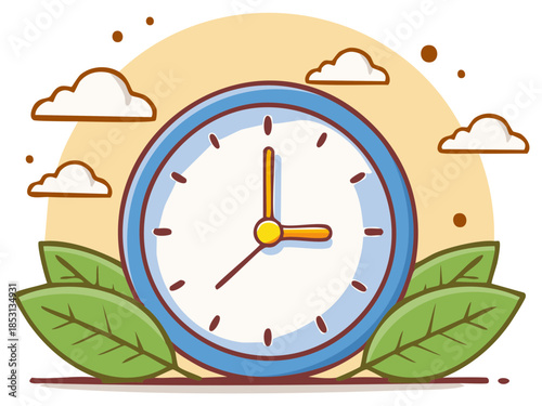 Cartoon Clock with Leaves and Clouds Illustration Showing Three O'Clock