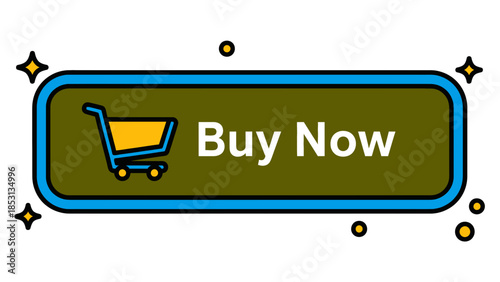 Shopping cart icon with buy now text on green background with decorative elements
