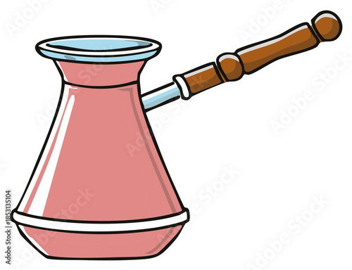 Stylized pink Cezve or Ibrik coffee pot with wooden handle vector graphic