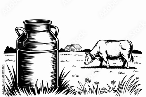 Cow with milk can drawing in black sketch style hand drawn farm animal illustration suitable for agriculture dairy concept vintage poster engraving design
