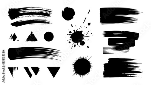 Assorted black brush strokes, splatters and geometric shapes (SVG vector pack)