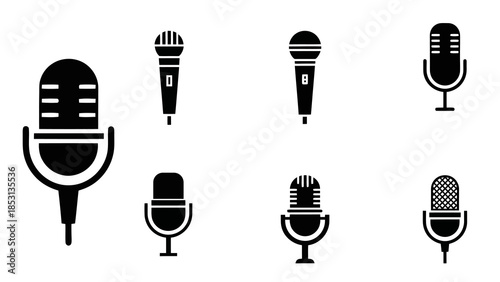 A collection of seven black silhouette icons representing different types of microphones, arranged in two rows.