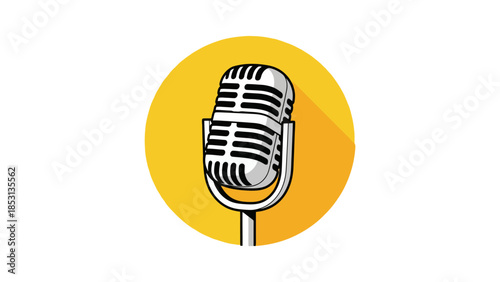 A vintage-style microphone is depicted against a bright yellow circular background, casting a long shadow.