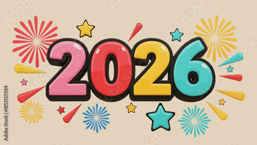 Celebrating the New Year 2026 with Colorful Fireworks and Stars