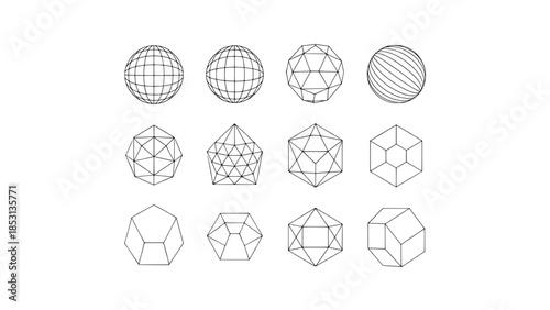 Set of 12 wireframe geometric shapes: spheres and polyhedra in outline vector style