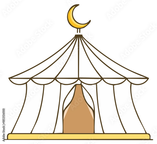 Stylized festive tent with golden crescent moon symbol for Islamic holidays and celebrations