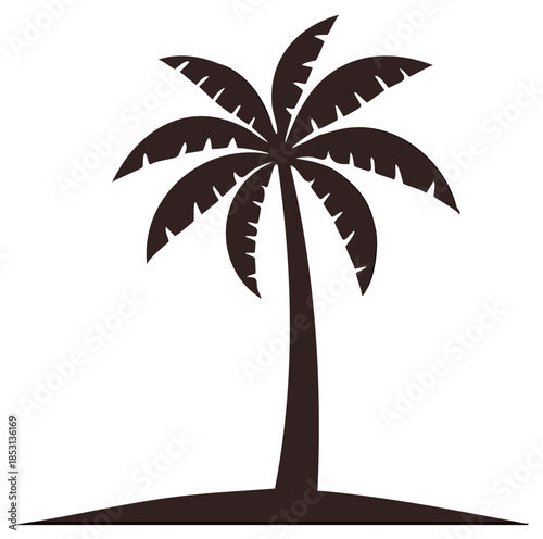 Silhouette of a single palm tree with fronds spreading against a white background
