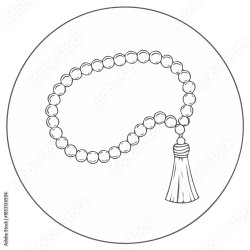 Isolated Sketch of Prayer Beads with Tassel in a Circle for Religious Themes