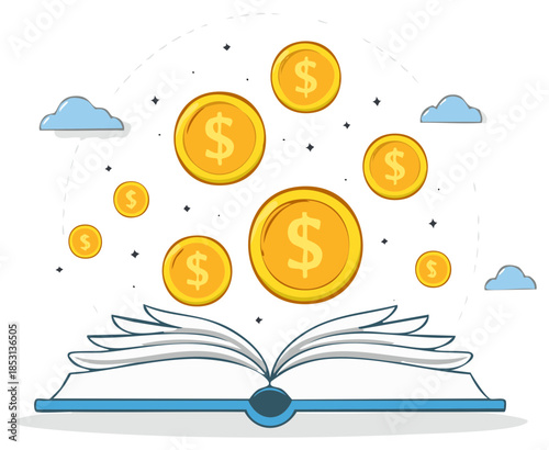 Open book with golden coins flying out of it, knowledge as power and money conceptual image