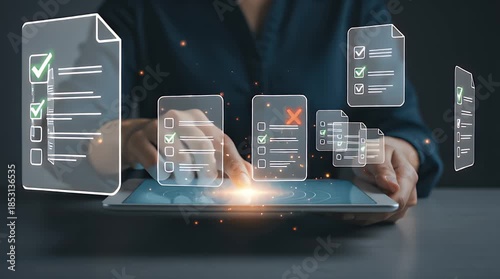 Hand interaction with digital checklist on tablet screen