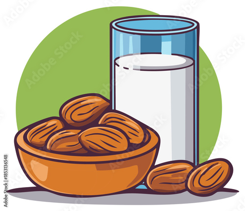 Glass of almond milk with a bowl of almonds on a green background