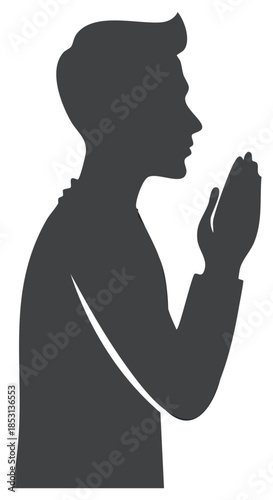 Silhouette of a man with hands folded in prayer or gratitude, facing right side view