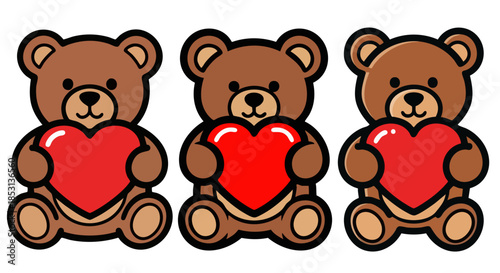 Three cute brown teddy bears holding bright red hearts perfect for valentines day celebration graphics