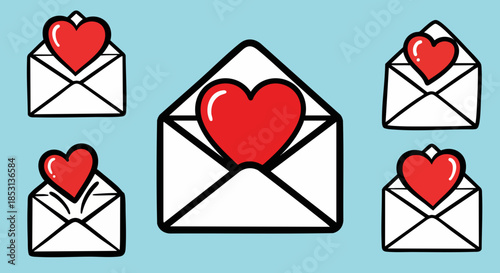 Collection of cute hand drawn love letters with red hearts emerging from white envelopes