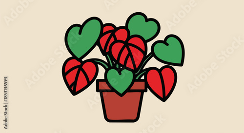 Minimalist illustration of a vibrant heart-shaped leaf houseplant growing in a simple terracotta pot