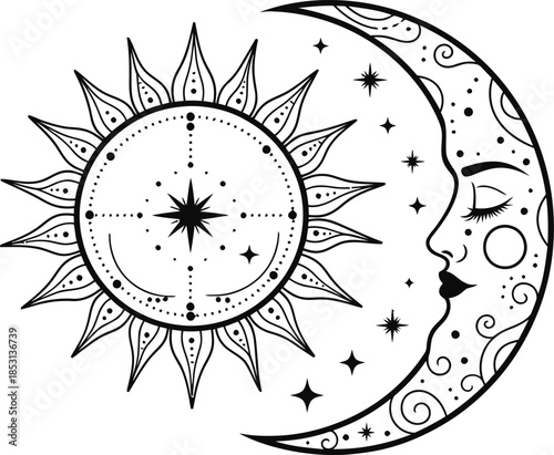Celestial Sun and Crescent Moon Face Line Art - Mystical Astrology Tattoo Design Vector Illustration