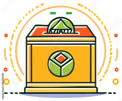 Stylized Deposit Box with Coin and Abstract Decorative Elements