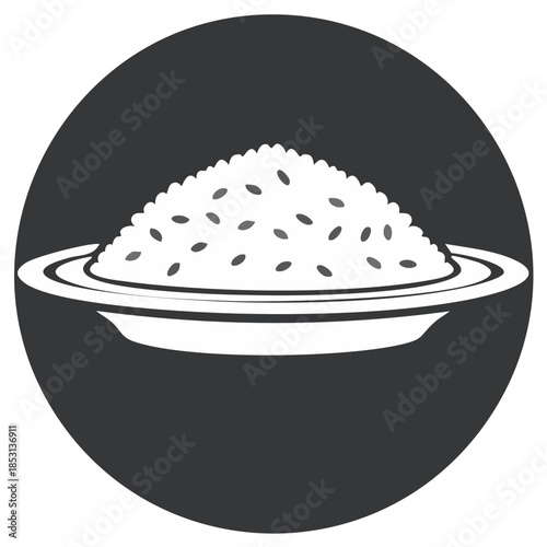 Minimalist icon of a plate of cooked rice, a simple and essential staple food