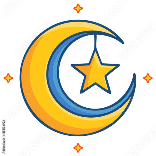 Cartoon Crescent Moon with Hanging Star and Twinkling Stars