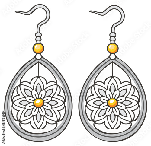Earrings Pair with Floral Details and Teardrop Frames Dangle Jewelry