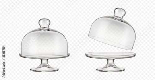 3d realistic vector icon illustration. Transparent glass cake stand cloche closed and opened on transparent background.