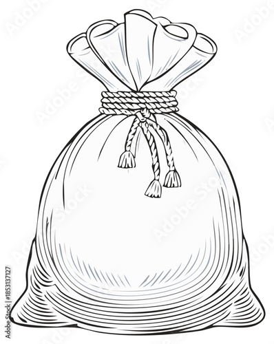 Cartoon vector money bag with knot and tassels, sack filled with treasure, sketch style drawing line art illustration