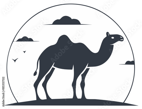 Stylized dromedary camel silhouette in a circular desert landscape icon