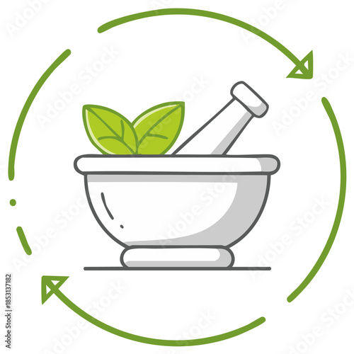 Mortar and Pestle with Green Leaves in Recycle Circle. Herbal Medicine Concept