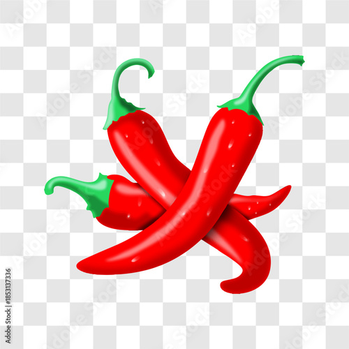 Three fresh red chilies with green stems. Vector illustration on a transparent background.