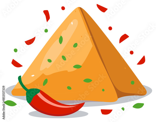 Delicious golden samosa with spicy red chili pepper and floating herbs Indian food illustration